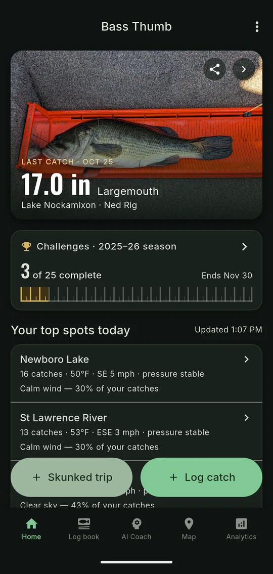 Bass Thumb home screen showing the last catch and season challenges